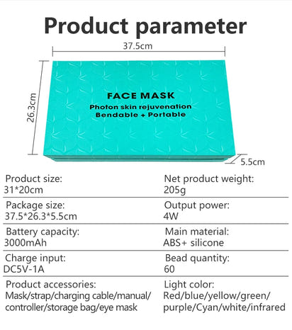 7＋1 Colors LED  Face Mask and Neck  with 850NM Near-infrared Rechargeable Red Light Therapy Mask Skin Care Device for Anti-Aging
