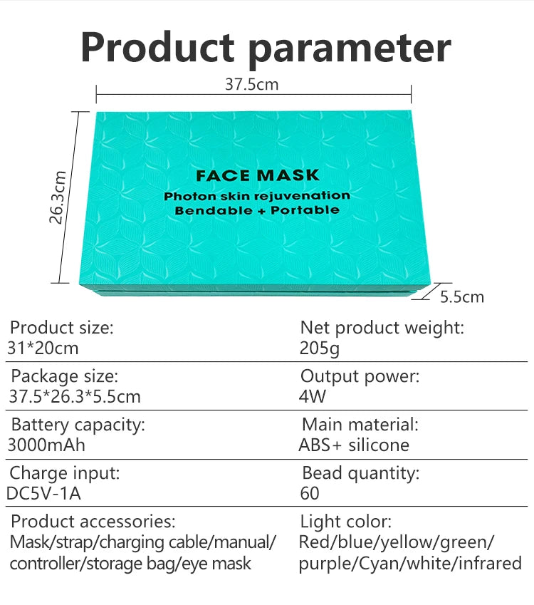 7＋1 Colors LED  Face Mask and Neck  with 850NM Near-infrared Rechargeable Red Light Therapy Mask Skin Care Device for Anti-Aging