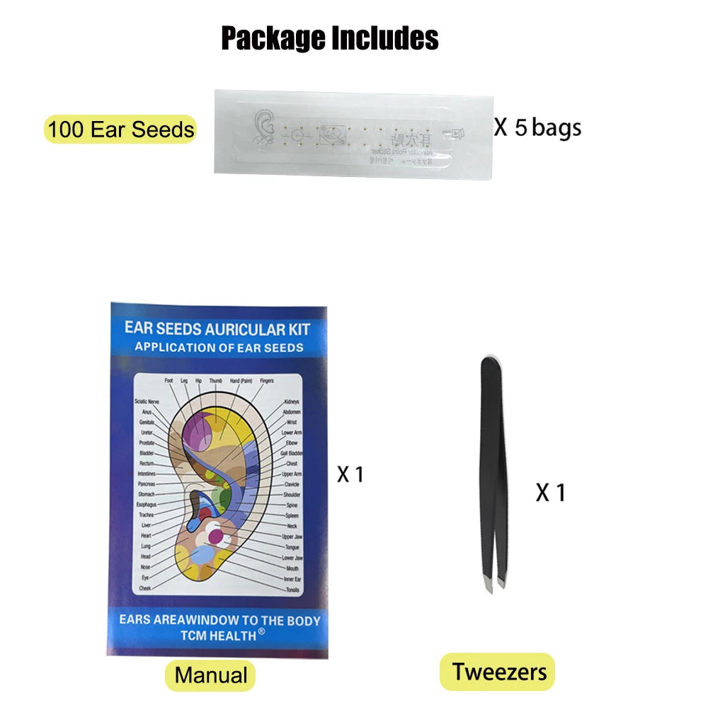 Ear seed Multi-Condition Ear Seeds Acupuncture Auricular Sticker Kit 100pcs Ear Seeds with Acupressure Ear Chart Tweezer set