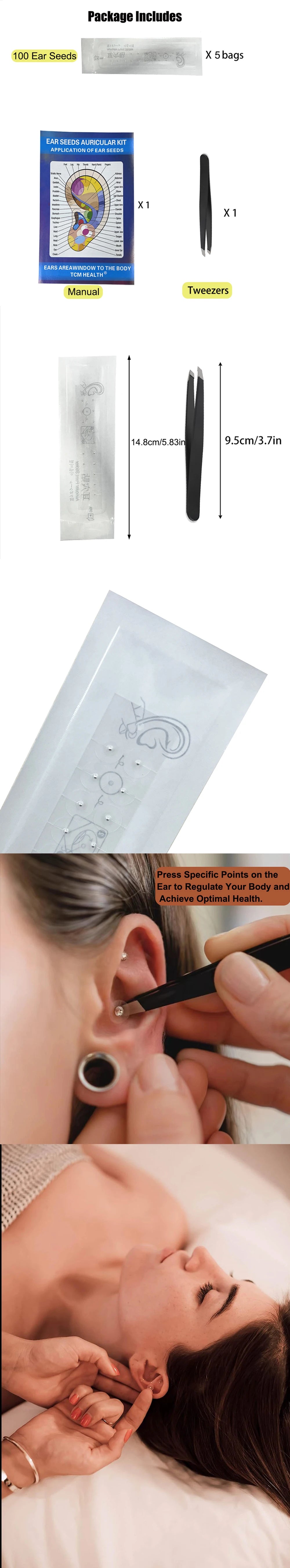 Ear seed Multi-Condition Ear Seeds Acupuncture Auricular Sticker Kit 100pcs Ear Seeds with Acupressure Ear Chart Tweezer set