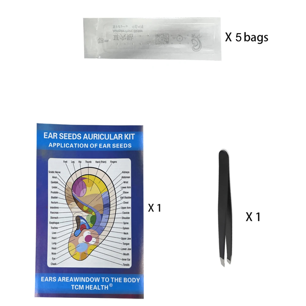 Ear seed Multi-Condition Ear Seeds Acupuncture Auricular Sticker Kit 100pcs Ear Seeds with Acupressure Ear Chart Tweezer set