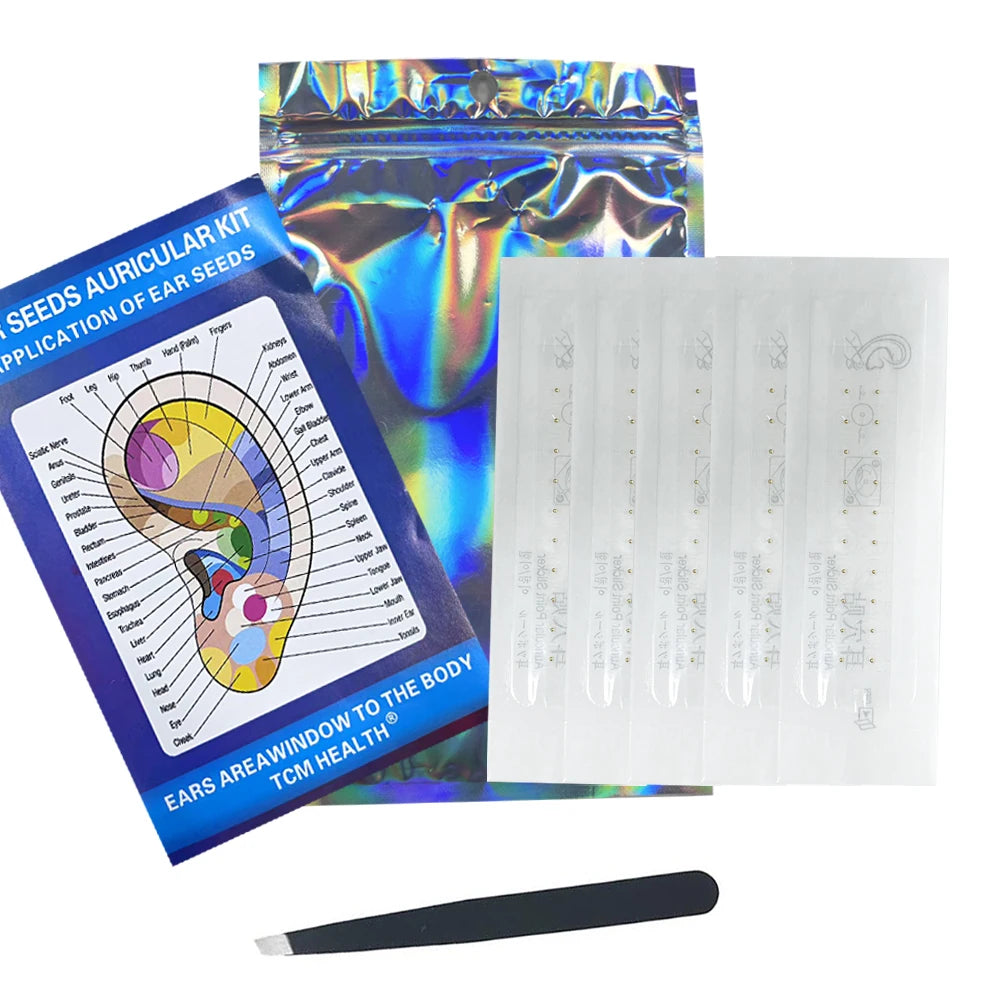 Ear seed Multi-Condition Ear Seeds Acupuncture Auricular Sticker Kit 100pcs Ear Seeds with Acupressure Ear Chart Tweezer set
